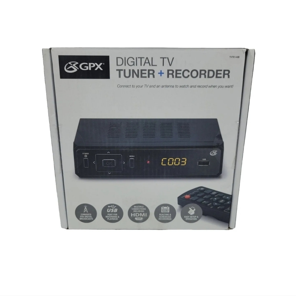 GPX TVRT149B Digital TV Tuner and Recorder Used With Box And Manual,